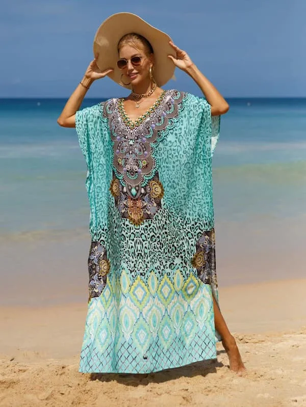 2025 Siste Modell Dame Pluss Størrelse Strandkjole Bohemsk Strandkjole V-Hals Batwing Erme Kåpe Løs Strandkjole Badedrakt Cover-up