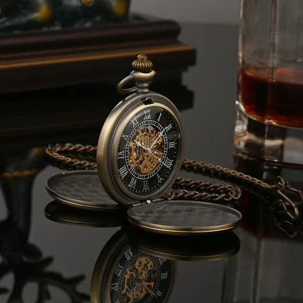 Pocket Watch with Chain, Vintage Classic Double Hunter Hollow Mechanical Pocket Watch, Engraved Roman Numerals Hand-wound Watch