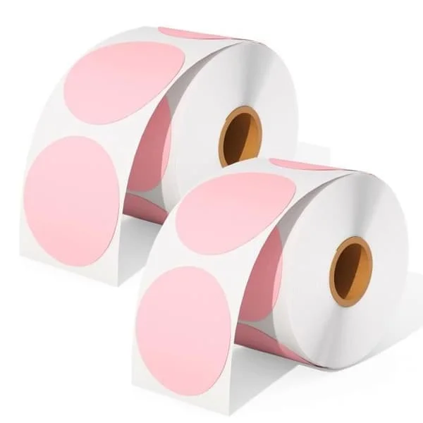 Förpackning med två runda rosa termiska etiketter, 1200, 2 x 2 tum runda självhäftande etiketter, fraktetiketter