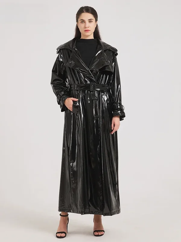 AliExpress - Lautaro Frühling Herbst Extra langer schwarzer glänzender reflektierender weicher dehnbarer Lackleder-Trenchcoat für Damen Maxi-Mantel 