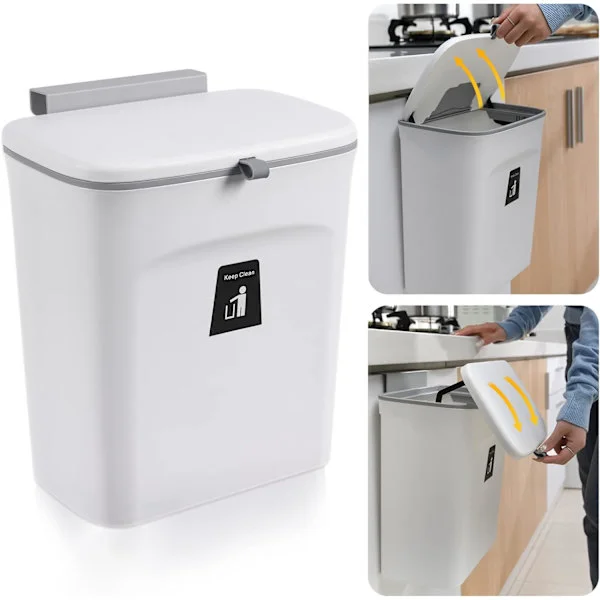 9L Hanging Kitchen Bin with Lid, Cabinet Bin for Kitchen Door, Under Sink Waste Bin, Hanging Bin for Bedroom Bathroom Office (White)