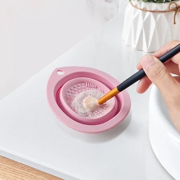 【DENGTU】Foldable Silicone Makeup Brush Cleaner, Brush Cleaning Bowl, Portable Makeup Brush Cleaning Tool (Pink)
