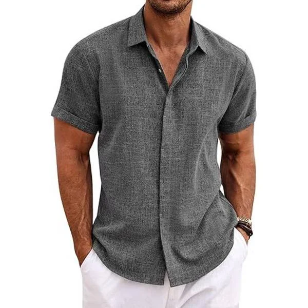 Linneskjortor för män Kortärmade vardagsskjortor Button Down-skjorta för män Strand Sommar Mörkgrå