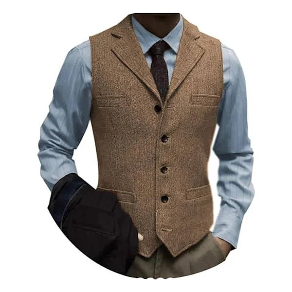 Herre Tweed Dress Vintage Vest Fiskebeinsmønstret Ull Prom Vest Brun L