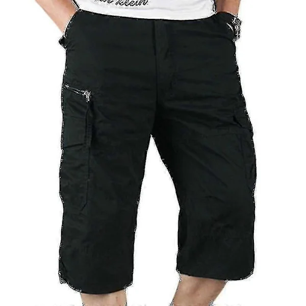 Hett erbjudande till lågt pris! Herr 3/4 Långa Elastiska Midjeshorts Cargo Combat Trekvartsbyxor Svart Svart XL Black-Glad