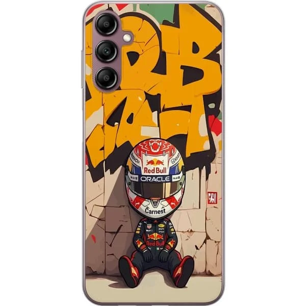 Kompatibelt Mobilskal till Samsung Galaxy A14 5G Illustrerad racerförare med stor hjälm framför färgstark graffitivägg, modern motorsportskänsla