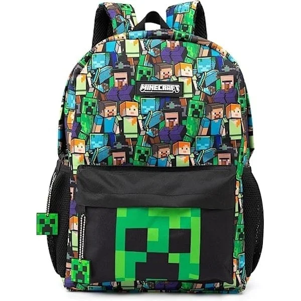 Minecraft Poikien Reppu | Musta Lasten Reppu | Vihreä Creeper, Zombie Luuranko, Enderman ja Luolahämähäkki [JR]