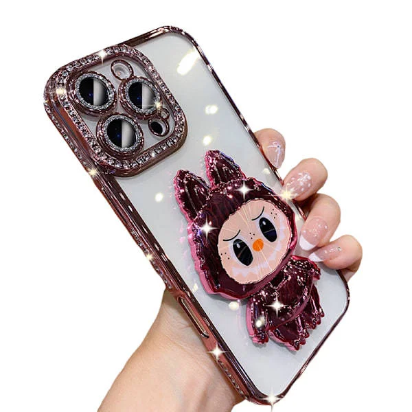 Monsters Pläterat Telefonfodral med Dold Spegel & Ställ: Glittrande Diamantlinsram, Kompatibel med iPhone (Rosa) iPhone15 T7 iPhone15 T7