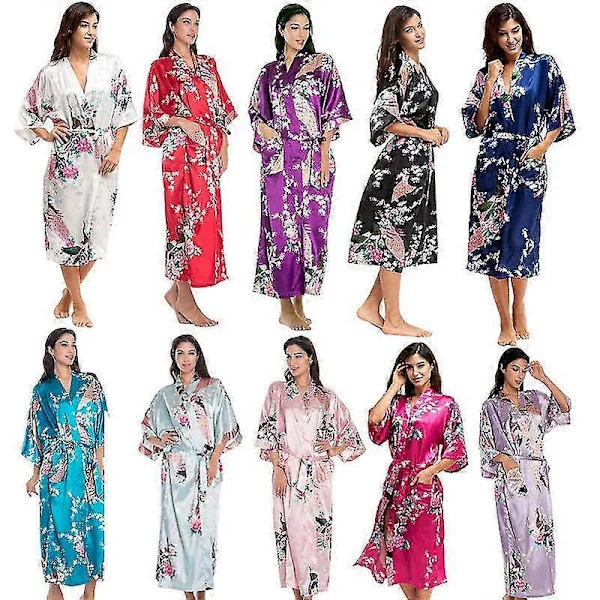 【NX】Dame Blomstertrykt Myk Sateng Kimono Morgenkåpe Bryllup Badekåpe Nattøy Marineblå