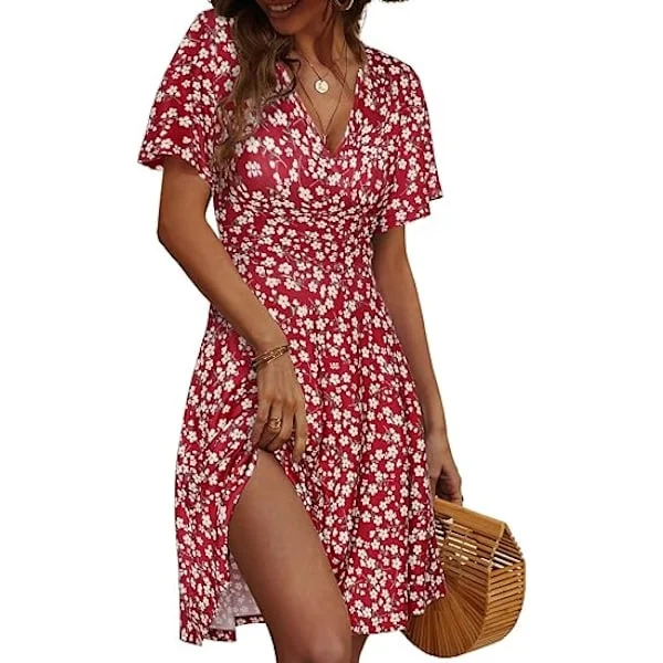 Women's Summer Dress Floral Short Sleeve Wrap V-Neck A-Line Midi Dress L L