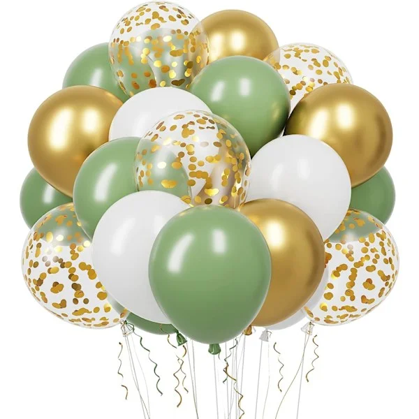 60 st Retro Ballonger Grön Vit Guld Konfetti Latex Ballonger, Grön Guld Ballon för Födelsedag, Bröllop, Baby Shower Dekoration