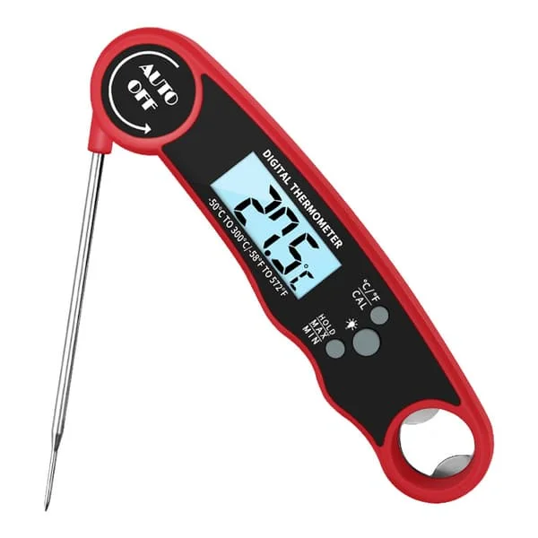 Food Thermometer - Temperature Alarm, Foldable Long Probe, Waterproof (Red)