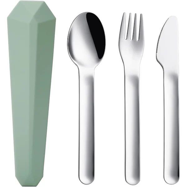 Reisesett med bestikk og etui, gjenbrukbart sølvtøy for camping, servise, 18/8 rustfritt stål, bærbar gaffel, skje og knivsett (Grønn)
