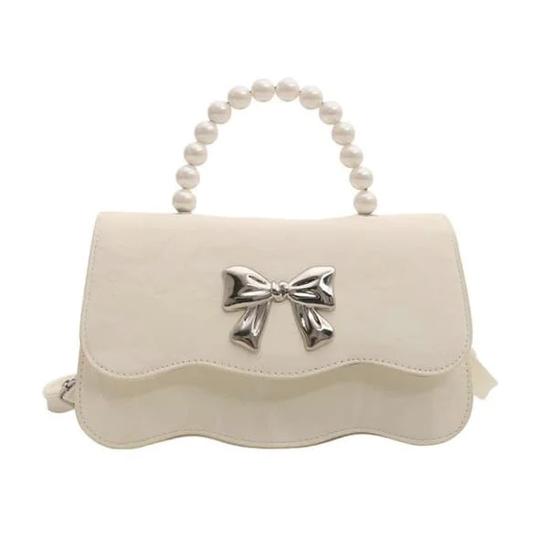 Handbag with Pearl Handle, Small Handbag with Adjustable Strap for Women, PU Leather, Cute Bow, Crossbody Shoulder Bag, White White