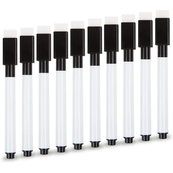 Små whiteboardpennor, 10 st svarta whiteboardmarkörer med sudd, fin spets whiteboardpenna för barn