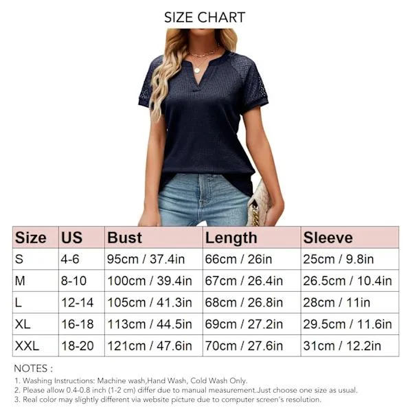 Short Sleeve Lace Blouse, V-Neck, Solid Color Tunic, Casual Waffle T-Shirt, Blouse for Women, Dating, Navy Blue, S