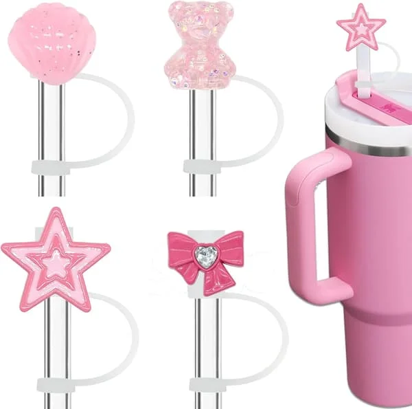 8mm 4 st Bling Straw Covers för Stanley Cup inklusive Björn Rosett Skal Stjärna Sugrör Toppar Söta Rosa Sugrörsskydd Tillbehör för 20 30 40 oz Tumbler