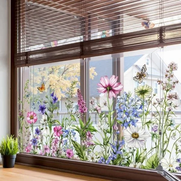 2-pack Fönsterdekoration med Färgglada Blommor & Fjärilar – Dubbelsidig Självhäftande Dekal, 60×30 cm