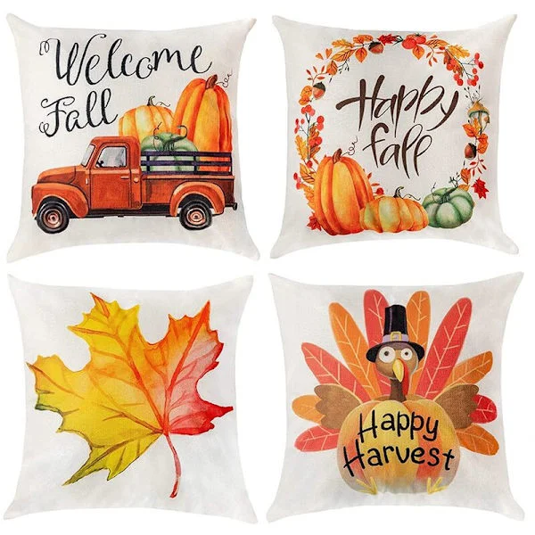 Autumn Pillow Covers 18X18, Fall Home Decor, Set of 4 Decorative Maple Leaf Throw Pillows, Happy Autumn Sofa Pillowcases