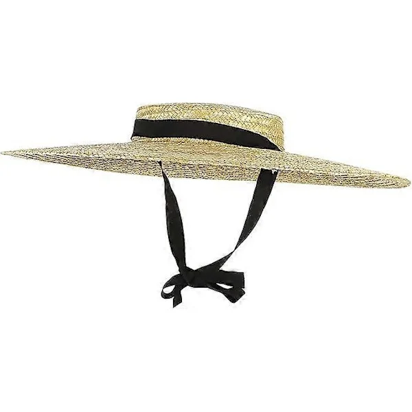 Women's Vintage Straw Floppy Hat with Wide Brim Flat Top Derby Straw Hat Beach Sun Hats with Chin Strap Brim:15cm Beige