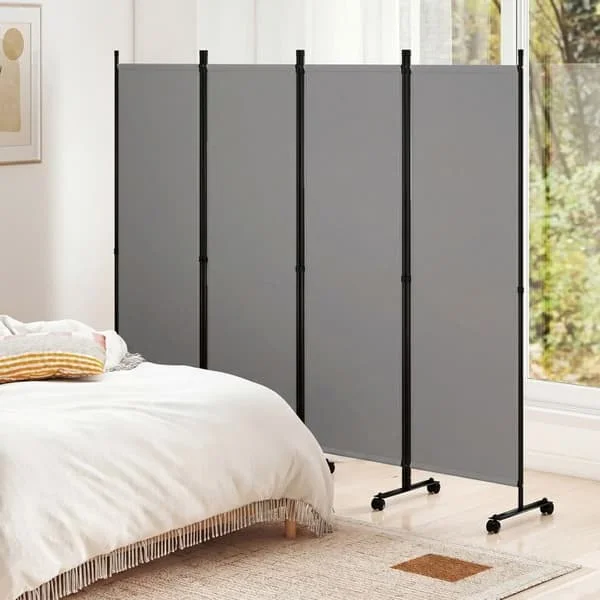 Sammenklappelig Indendørs Skærm -COSTWAY- Uigennemsigtig Rumdeler med 4 Paneler og Bremsehjul, Rumdeler, 221x173CM, Grå