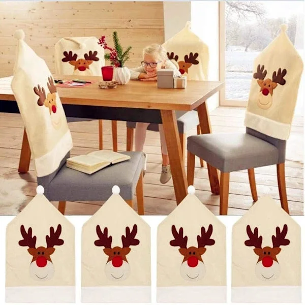 Santa Claus Chair Covers - 4-pack, Reindeer Hat Chair Covers 50x60cm, Dining Chair Covers Christmas Decorations Chair Covers (19.7x23.6 inches)