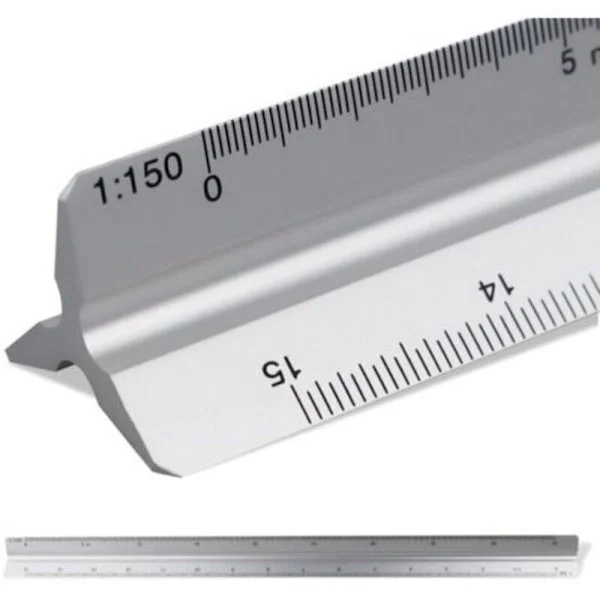 Arkitektens triangulära linjal med en 30 cm skala. Skala: 1:20-1:25-1:50-1:75-1:10. Material: Aluminium. Skallinjal (trettio).