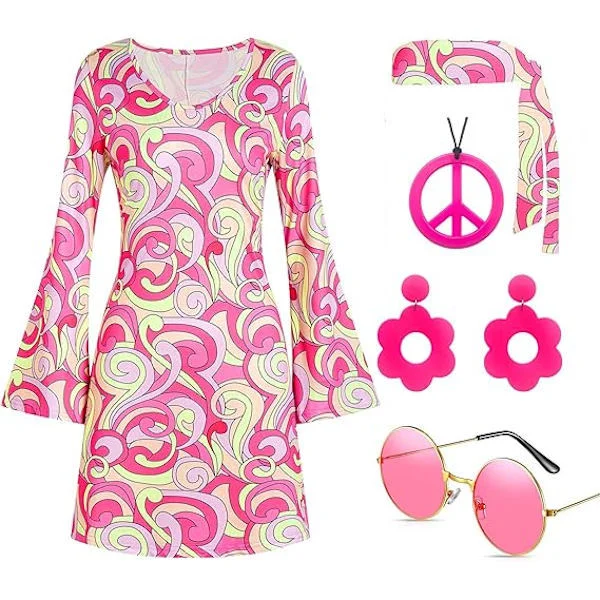 60- ja 70-luvun diskoasu hippiasu naisille, 1970-luvun tyylinen vaate mekko rauhanmerkkitarvikkeet korut Halloween Pinkki{Fyn1227} Pinkki XXL