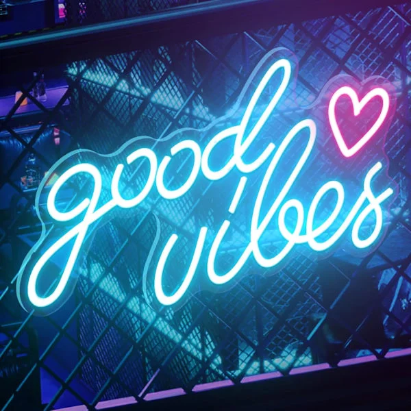 Blå "Good Vibes" Neonlys LED Neonskilt USB Vegglampe for Soverom, Barnerom, Veggdekorasjon, Bar, Bryllup, Fest