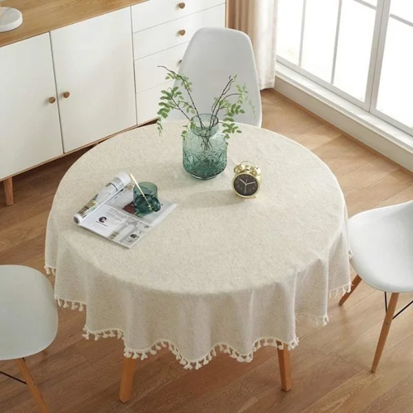 Rund dug ensfarvet dug med kvaster enkel dug beige 100CM