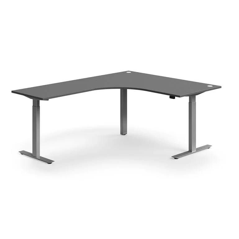 Standing desk FLEXUS, L-shaped, 1600x2000 mm, silver frame, grey