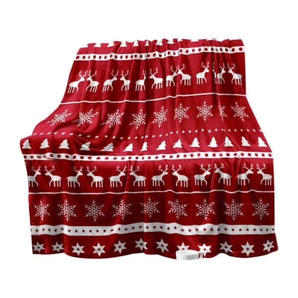 Julpläd med renar & snöflingor | Mjuk plyschfleece julfilt för soffa, säng, divan | Lätt varm stugfilt[D]