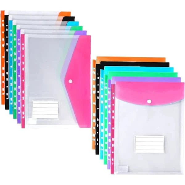 A4 Plastfickor med Hål, 12-pack Expanderbara Polyfickor A4, Plastfickor för Dokumentarkivering, Vattentäta, Kontorsmaterial för Skolan