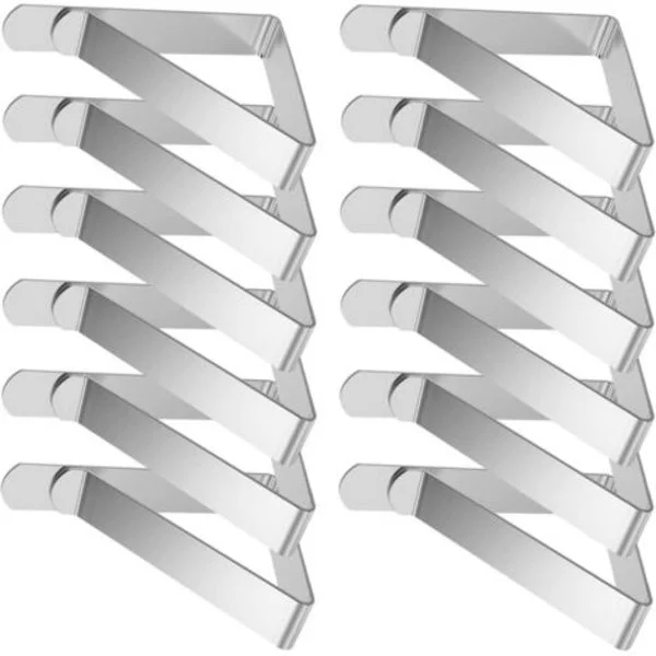 Tablecloth Clips, 12 Large 8 x 7 cm Stainless Steel Tablecloth Clips for Parties, Outdoor Garden Tables, for Tablecloths 2.5 to 6.5 cm Thick, Silver