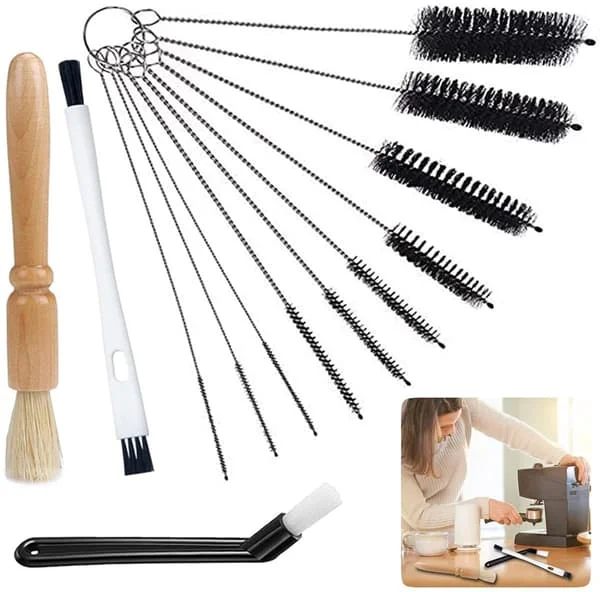 Coffee Machine Cleaning Brush Set, 13-Piece Nylon Brushes with Long Handles, for Espresso Machines and Coffee Grinders, Stainless Steel Color