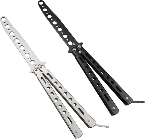 Fjärilskniv - 2-pack Fjärilskniv Träningsverktyg Stålmetall för att öva på att vända trick, Balisong Tränare Svart & Silver