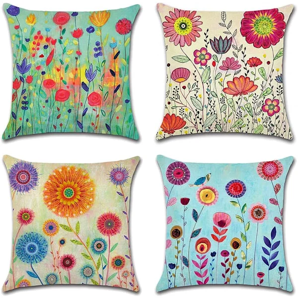 Sett med 4 dekorative putetrekk 45x45cm, blomstermønster vanntette pynteputetrekk, perfekt for utendørs terrassebenk