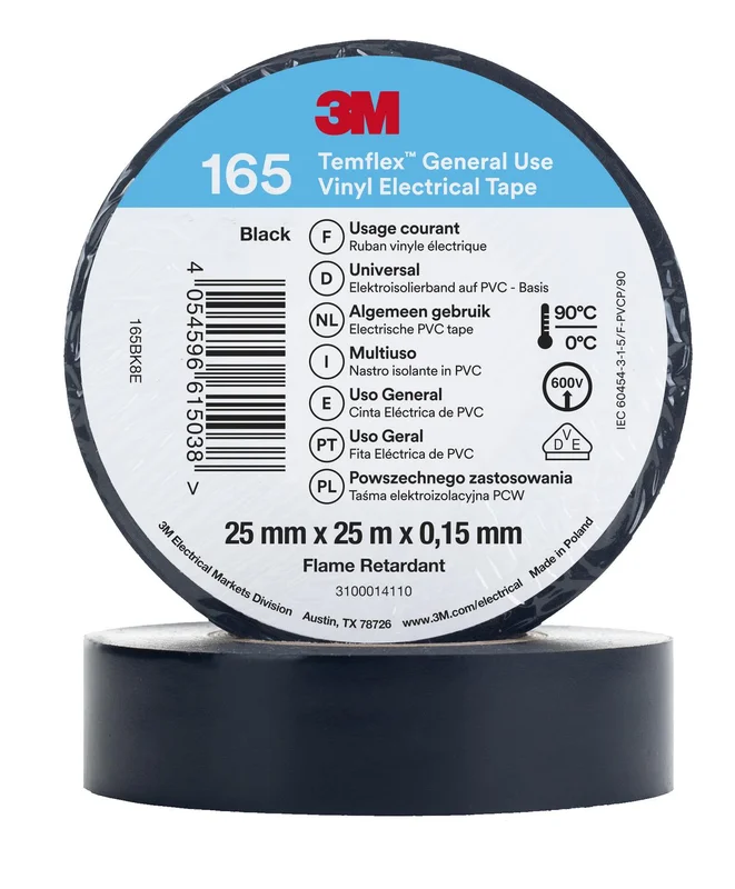 3M Temflex 165 Eltejp 25m x 25mm, svart, Maskintillbehör & förbrukning