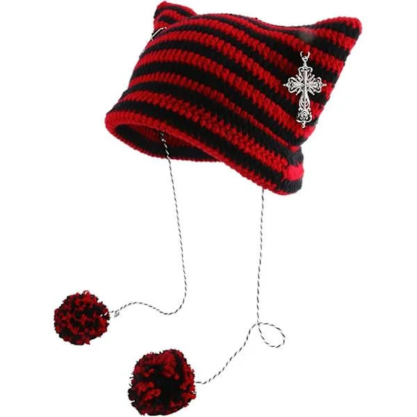 Grunge Beanies Virkade Stickade Mössor För Kvinnor Flickor Räv Katt Öra Goth Emo Alt Y2k Accessoarer Grunge Kläder