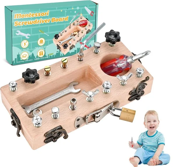 Montessori-legetøj til børn 3-5 år, træskruebræt, aktivitetstavle, pædagogisk motoriklegetøj, perfekt julegave til piger og drenge