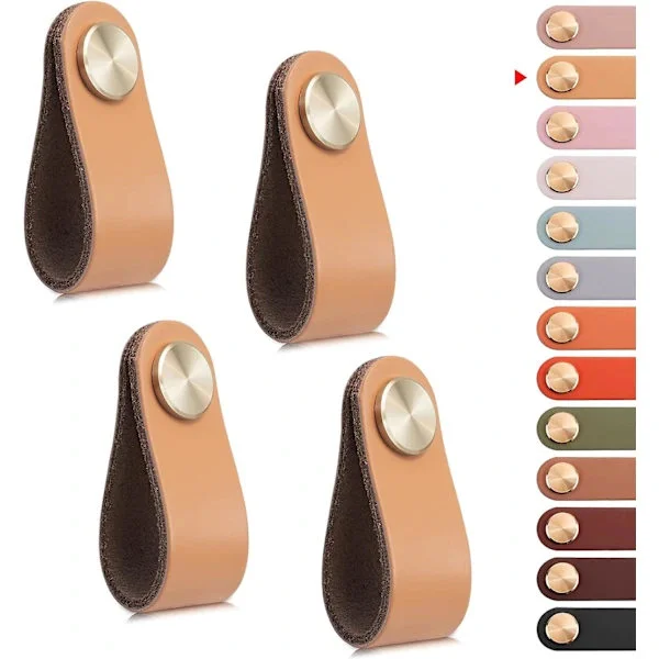 {PL}4 stk. Lærhåndtak for møbler, skapdørknott, lærhåndtak, skuffeknott, vintage møbelhåndtak for skap, kommode, kjøkken (beige, enkelt hull)