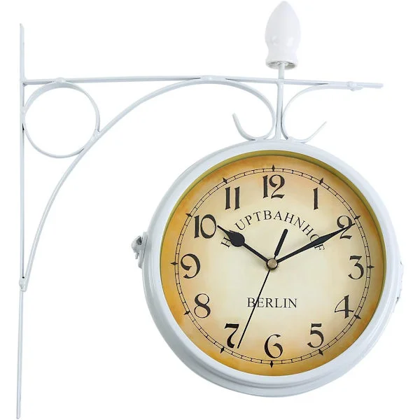 Retro Station Clock, Double-Sided Wall Clock for Indoor and Outdoor Use-FF- White
