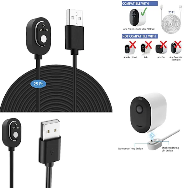 Værbestandig utendørs ladekabel, 7,6 m, for Arlo Ultra/Ultra 2/Pro 3/Pro 4/Go 2/Pro 5s (svart)
