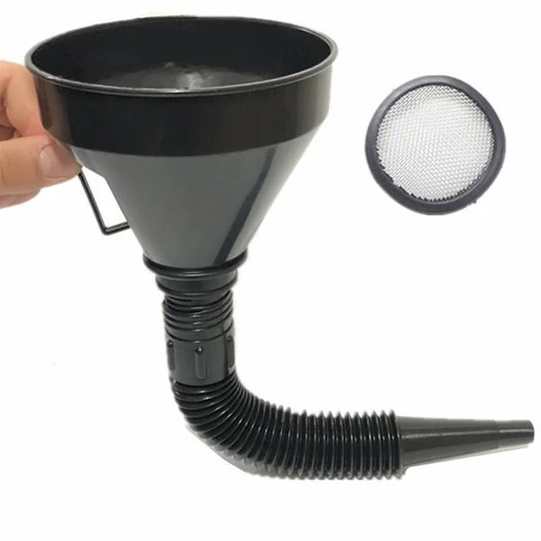 Biloljetratt med flexibel pip - Ø 142 mm, 39 cm lång - Svart plast - Med filter - För olja, bensin - Läckagefri påfyllning