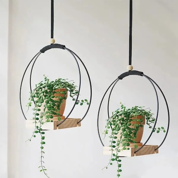 2 stk. hengepottehylle med innendørs hengepotter, balkongdekorasjon, planter, stue, trehylle, hengekurv (rund*svart)