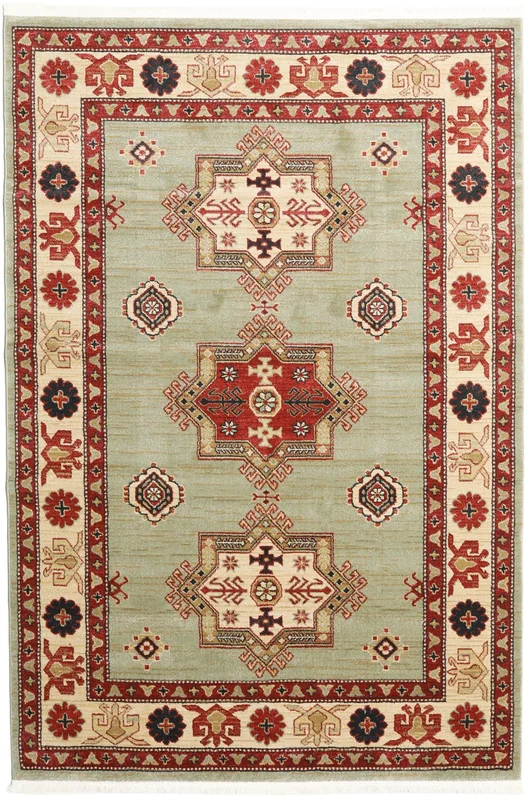 Marivan Kazak Licht Groen/Crème Beige Oeko-Tex Vloerkleed