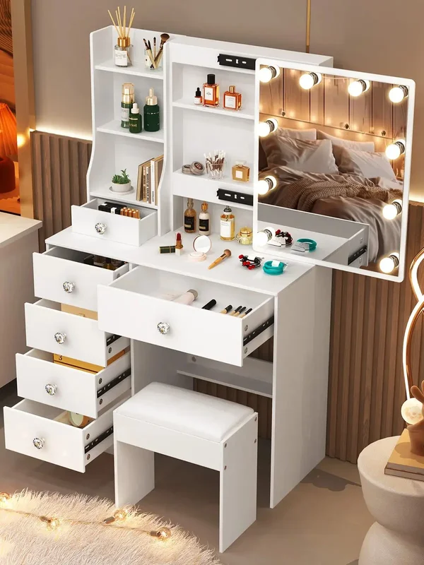 AliExpress - Weißer Schminktisch mit Schiebespiegelrahmen, 3-farbigen dimmbaren LED-Leuchten, 6 Schubladen & Hocker – Ideales Geschenk, Make-up-Tisch