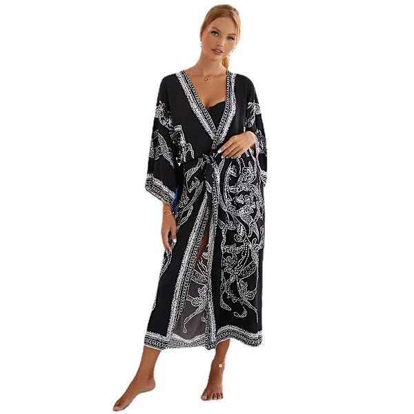Boho-broderad kofta för kvinnor – Kaftan i rayon som strandplagg med blommigt frontmönster, lång lös baddräktsöverdrag för semester och resort