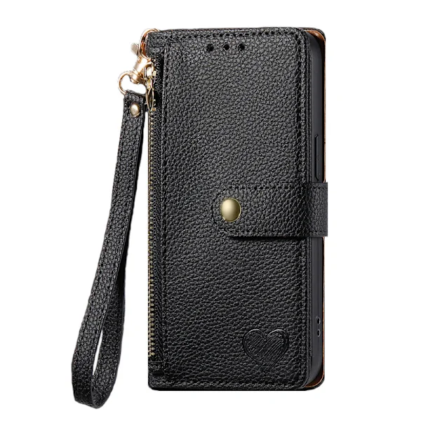 Mobile Case Xiaomi Poco X5 Wallet Case with Card Slots, Stand Function, Zipper and Wrist Strap - Black PU Leather Model 18