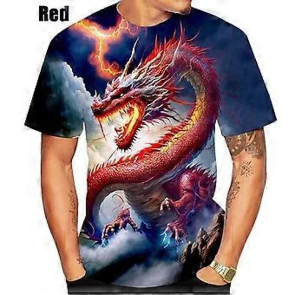 Menn Drage Mønster T-skjorter Sommer T-skjorter Menn Casual 3D Print T-skjorte Mote O-hals Kortermet Topper (XXXL rød)